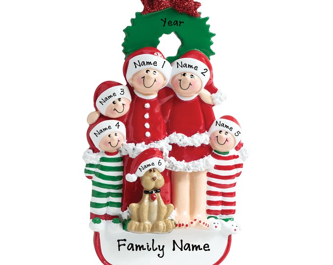 Pajama Family Ornament - Christmas Pajama Family of 5 With Dog Ornament - Personalized Family Christmas Ornament - Family Ornament With Dog