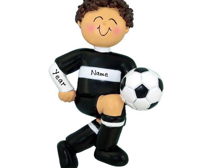 Personalized Soccer Boy Christmas Ornament - Brunette Boy Soccer Ornament - Soccer Player Black Uniform - Custom Soccer Gifts For Girls