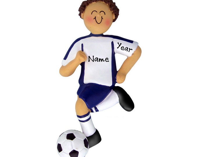 Personalized Soccer Player Boy Christmas Ornament - Brunette Boy Soccer Ornament - Soccer Player Blue Uniform - Custom Soccer Ornament