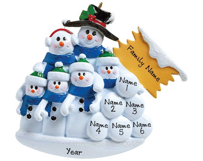 Snowman Family Ornament - Grandkids Christmas Ornamen Personalized 2024 - Family of 6 Building a Snowman, Personalized Gift For Grandparents