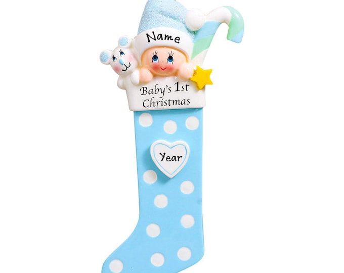 Baby's First Christmas Ornament 2025 - Baby Christmas Stocking Ornament - Baby Blue Stocking Christmas Ornament - Baby Shower Gift For Mom