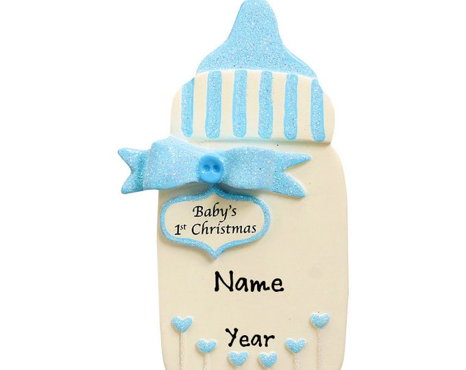Baby Boy First Christmas - Blue Baby Bottle Ornament - New Baby Ornament - Custom Baby Gift With Name - Hand Personalized Christmas Ornament