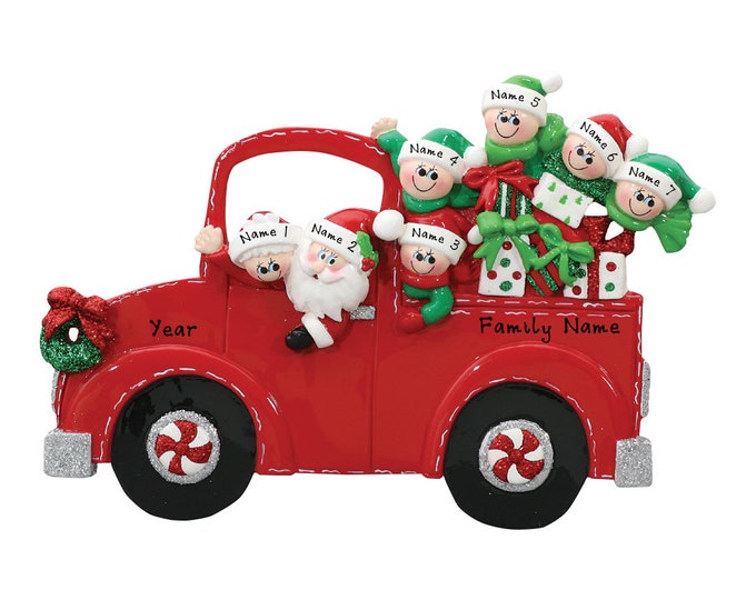 Red Pickup Truck Ornament - Family of 7 Personalized Ornament - Family Christmas Ornament - Tabletop Decoration - Gift For Grandparents