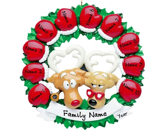 Personalized Mitten Wreath Ornament - Family of 10 Personalized Christmas Ornament - Reindeer Family Ornament 10 Mittens - Grandparents Gift