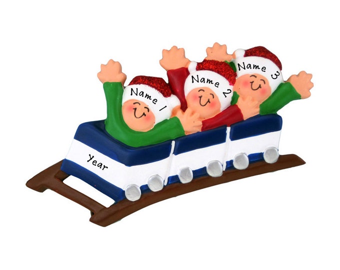 Roller Coaster Ornament - Amusement Park Ride - 3 Friends Riding Roller Coaster - Personalized Roller Coaster Family of 3 Christmas Ornament