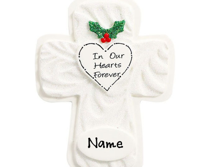 Personalized Memorial Ornament - In Our Hearts Forever Cross Memorial Christmas Ornament - Christmas In Heaven - Personalized Memorial Gift