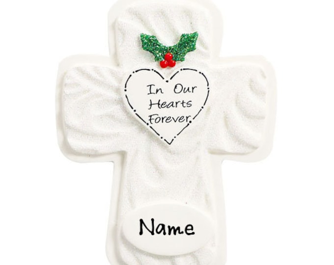 Personalized Memorial Ornament - In Our Hearts Forever Cross Memorial Christmas Ornament - Christmas In Heaven - Personalized Memorial Gift