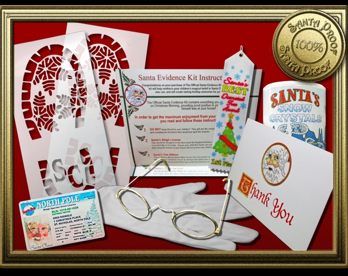 Santa Claus Deluxe Evidence Kit - Santa Footprint Stencils - Santa Gloves - Santa Was Here Kit - Santa Sleigh License - Christmas Eve Kit