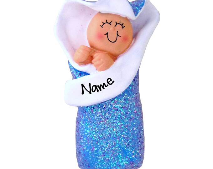 Baby Boy's First Christmas Ornament - Baby's 1st Christmas Ornament - Baby Boy in Blue Blanket - Personalized Baby Shower Gift for New Mom