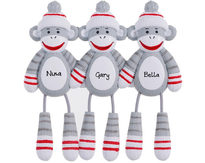 Sock Monkey Family of 3 Christmas Ornament Personalized 2025 Custom Grandkids Sock Monkey Ornament Personalized Name Gift For Grandparents