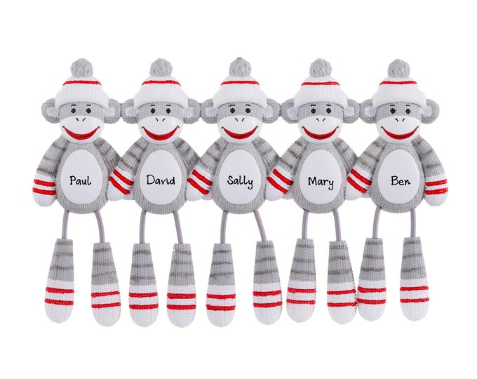 Sock Monkey Family of 5 Christmas Ornament Personalized 2023 Custom Grandkids Sock Monkey Ornament Personalized Name Gift For Grandparents