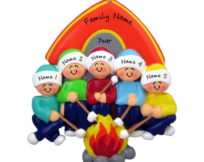 Personalized Camping Family of 5 Christmas Ornament - Camping at Lake - Custom Family Vacation Ornament With Name - 2025 Family Reunion Trip
