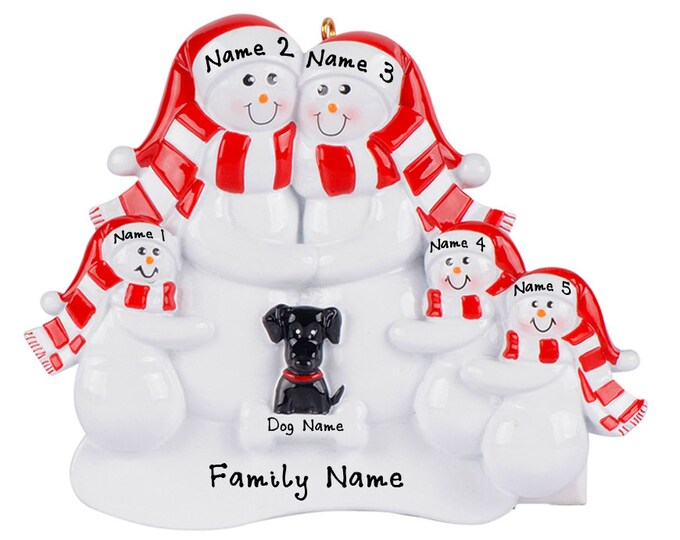 Personalized Family with Black Dog Ornament - Snow Family of 5 Christmas Ornament With Dog - 2023 Custom Family Ornament,  New Dog Parents