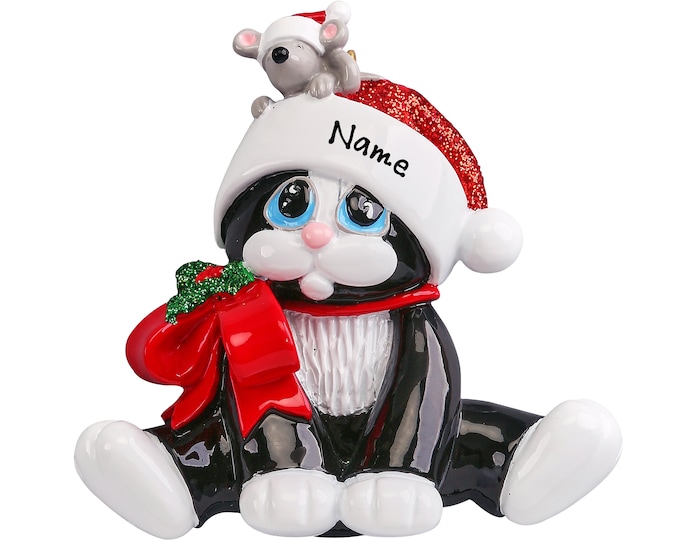 Personalized Cat Ornament - Black Kitten With Mouse - Cat Ornament with Name - Santa Hat Cat Ornament, Custom Cat Lover Christmas Ornament