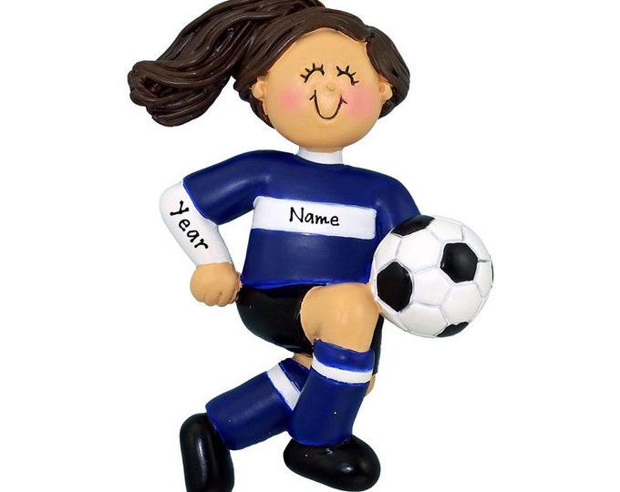 Personalized Soccer Girl Christmas Ornament - Brunette Girl Soccer Ornament - Soccer Player Blue Uniform - Custom Soccer Gifts For Girls