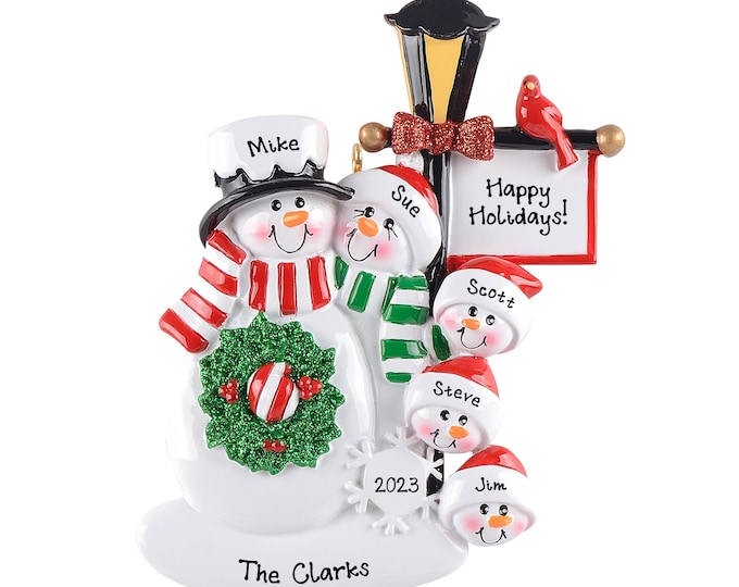 Classic Snowman Christmas Ornament Personalized 2023 - Lamp Post Family of 5 Christmas Ornament - Snow Family of Five Grandparents Gift
