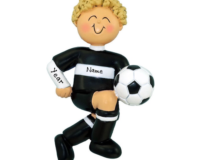 Personalized Soccer Boy Christmas Ornament - Blonde Boy Soccer Ornament -  Custom Soccer Player Black Uniform- Custom Soccer Gifts For Boys