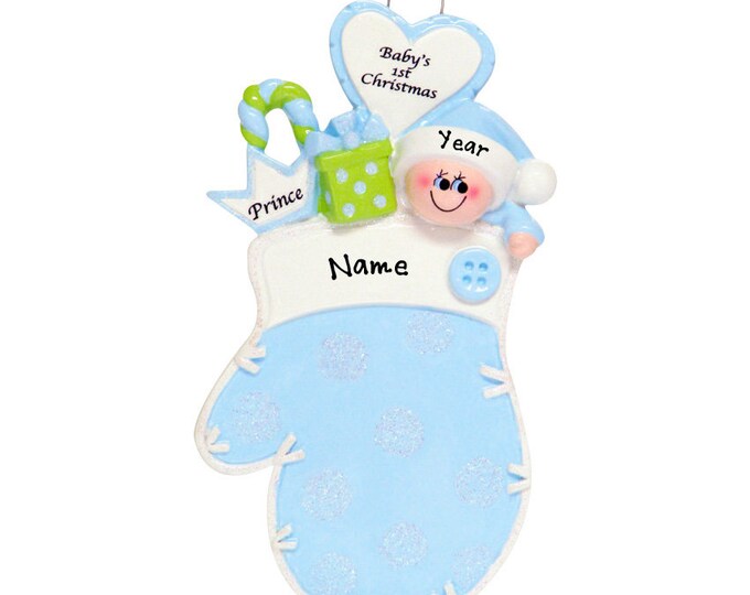 2025 Baby First Christmas - Blue Baby Mitten - Baby BoyOrnament - Custom Baby Ornament With Name - Hand Personalized Baby Shower Gift