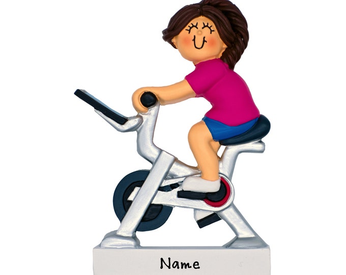 Exercise Bike Ornament -  Brunette Girl Cyclist - Workout Gifts For Mom - Stationary Bike Ornament - Gym Fitness Bicycle - Teen Staying Fit