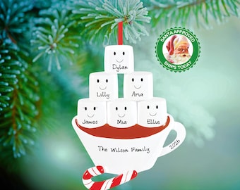 Family of 6 Personalized Hot Chocolate Mug Ornament – Marshmallow Hot Cocoa Christmas Keepsake – Custom Family Ornament 2026