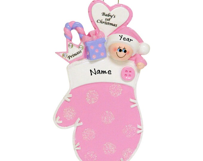2025 Baby First Christmas - Pink Baby Mitten - Baby Girl Ornament - Custom Baby Ornament With Name - Hand Personalized Baby Shower Gift