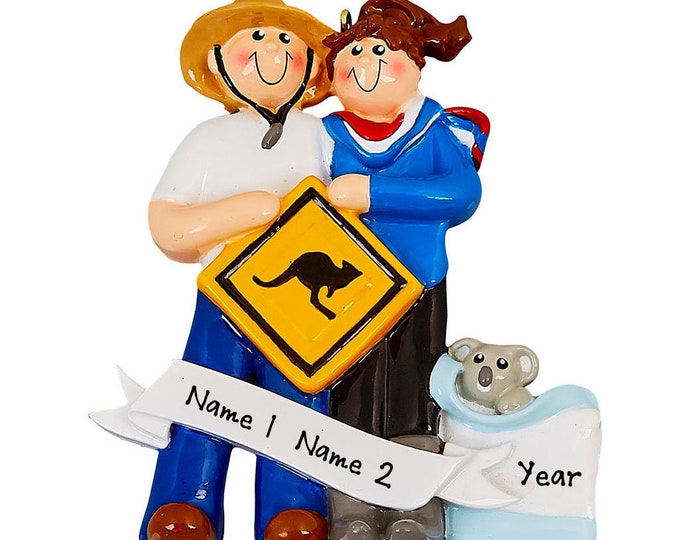 2025 Couple Christmas Ornament - Travel Couple Ornament, Trip Down Under, Australia Bound, Christmas Vacation Ornament, World Travelers