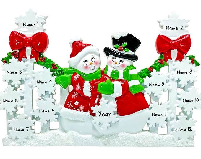 Snowman Family of 12 Christmas Ornament - Snowman Tabletop Decoration - Large Family With 12 Grandkids - Personalized Gift For Grandparents
