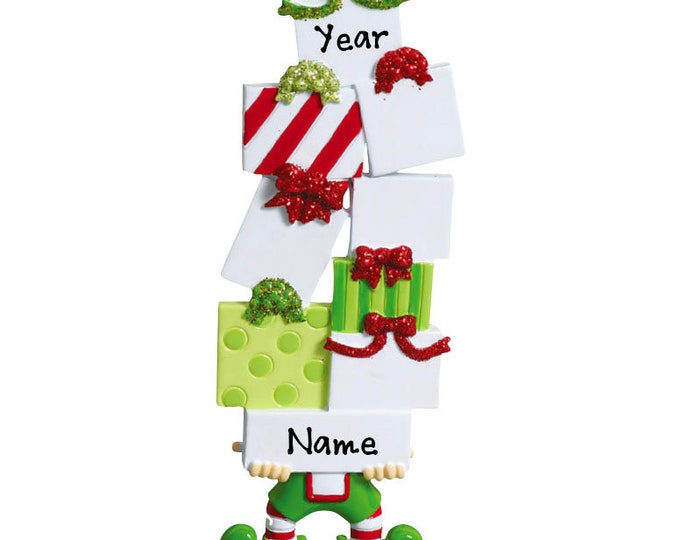 Elf Christmas Ornament - Delivering Christmas Presents - Custom Ornament With Name - Holiday Shopper Online Shopping - Personalized Ornament