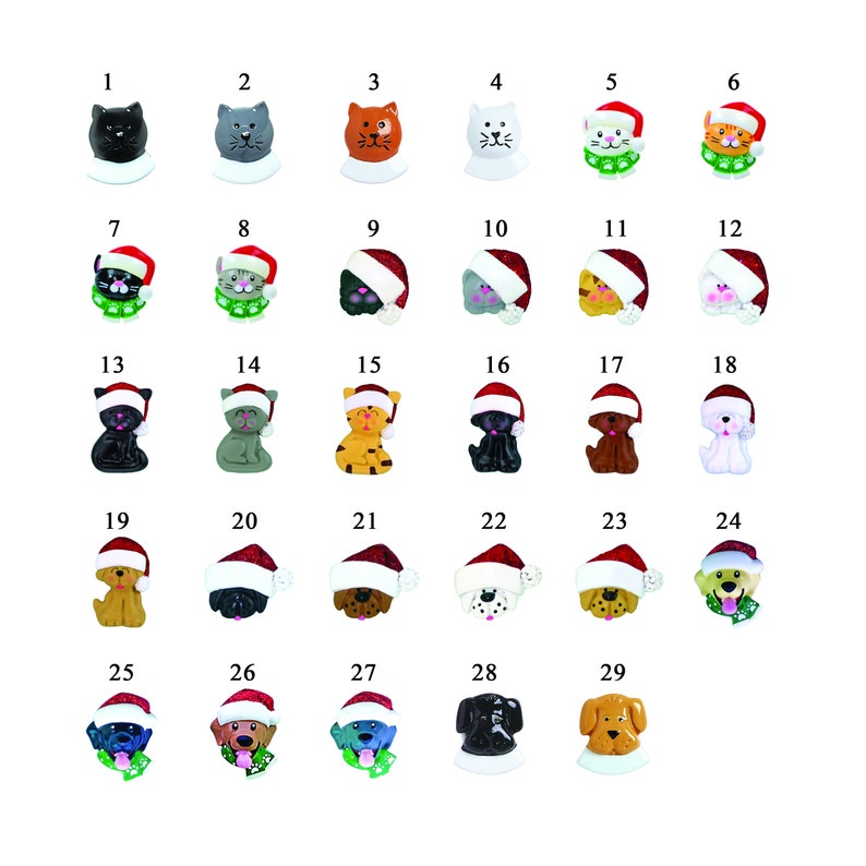 May include: A selection of 29 Christmas ornaments depicting cats and dogs. Each ornament has a unique colour and design, with many wearing Santa hats and festive scarves. The ornaments are numbered 1 to 29.
