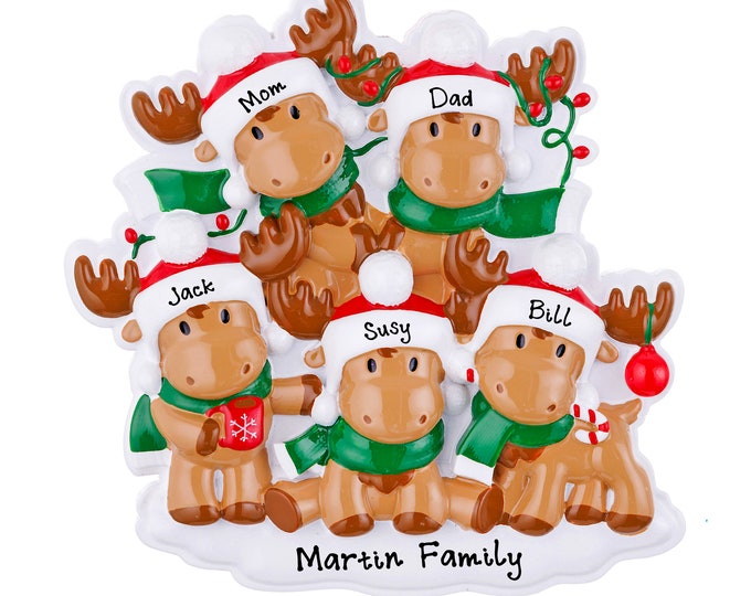 Moose Family of 5 Personalized Christmas Ornament - Woodland Animals Ornament - Our 1st Christmas as a Family of Five Personalized Ornament