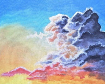 Op de afbeelding: Een schilderij van een kleurrijke zonsondergang met een grote, donkere wolk in de lucht. De lucht is een mix van blauw, geel, oranje en roze. De wolk is donkergrijs met witte randen. Het schilderij is onderaan rechts gesigneerd met "TC 2022".
