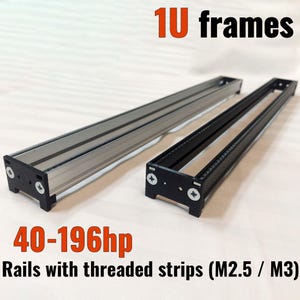 Può includere: Due telai 1U per moduli da 40-196hp, dotati di binari con strisce filettate nelle misure M2.5 o M3. Un telaio è in metallo color argento, l'altro è nero. Entrambi hanno piastre terminali nere fissate con due viti argentate su ogni lato.