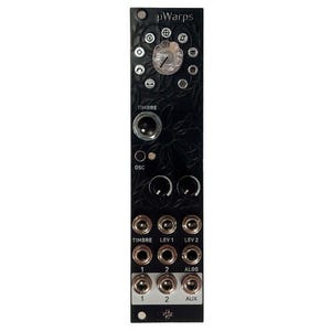 May include: Black electronic music synthesizer module with the text "µWarps". It features knobs, jacks, and a clear dial. The module has the text "TIMBRE", "OSC", "LEV 1", "LEV 2", "ALGO", and numbers 1 and 2.