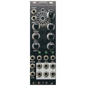 May include: A black Eurorack module with the text "UGRIDS" printed on the front. The module has a variety of knobs, buttons, and jacks. The text "CLOCK", "RESET", "CHAOS", "MAP Y", "MAP X", "CHAOS", "CV 1", "CV 2", "CV 3", "Y CV", "1", "2", "3", "X CV", "ACC 1", "ACC 2", "ACC 3", and "JP" is printed on the module.