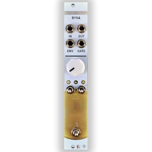 May include: A white Eurorack module with gold accents. The module is labelled "BYXA" and has knobs, jacks, and switches. The module is designed for use in a Eurorack synthesizer system.