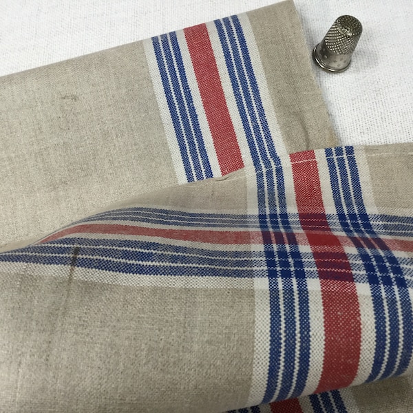 3 m de tissu en lin, rayures bleues et rouges, lé en lin ancien, 1930s. Antique Linen fabric, Linen Mangle Cloth. flax linen.