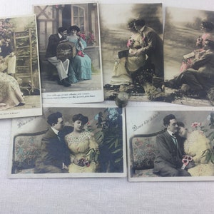 Romantisch, oude ansichtkaarten, begin 20e eeuw. 2 gecodeerde kaarten. 6 antieke romantische fotokaarten - Frans
