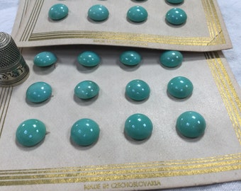 24 turquoise green glass buttons from Czechoslovakia, 1.10 cm, on original card, 1920s. Antique Czechoslovakian Glass Buttons, 0.43