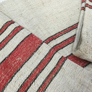 Grain bag made of hemp and cotton, red and black. Hemp fabric. Vintage European hemp grain / feed sack. Pillow case. Grain sack fabric.