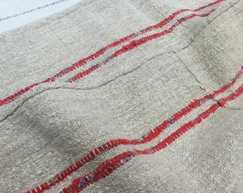 Nappe ancienne rustique en chanvre, tissé et filé main, lirette. Antique hemp rustic tablecloth. Feed sack fabric. Hand spun and hand woven