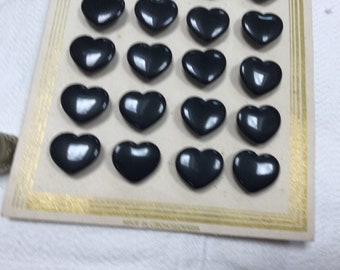 24 black glass buttons, old, in the shape of a heart. Antique black heart glass buttons