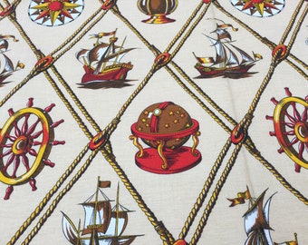 10 mètres de Tissu imprimé de voiliers…, thème : marine, ancien. Jamais utilisé. 1950s. Vintage French maritime printed cotton fabric.