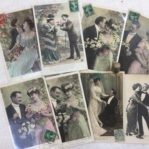8 cartes postales romantiques, anciennes, début 20ème, colorées. Antique Romantic Photograph Postcards - French