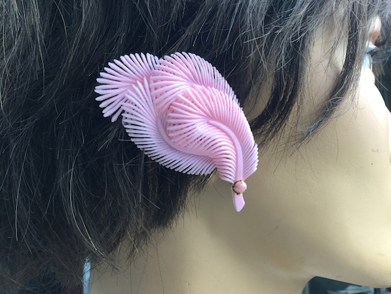 Old earrings, pink, in the shape of feathers, wit… - image 1