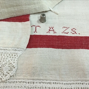 Large hemp and cotton tea towel, monogrammed &quot;TAZS&quot;, lace, old. Vintage hemp / cotton dish towel, monogram &quot;TAZS&quot;. Mr. Dishcloth. Mr. Lace.