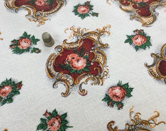 Floral cotton fabric printed with roses, old. Waffle weave. Vintage french floral print on cotton, fabric, roses