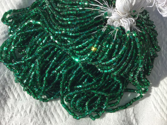 88g of Green Glass Beads, Old, on Thread. Embroidery Beads, Jewelry. 10000  Vintage Glass Seed Beads. 1930s 