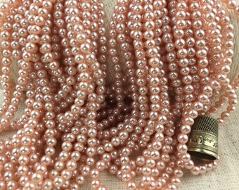 150G de Perles Roses, Nacrées, en Verre, Sur Fil, Rondes, 5mm,1940-50 / Vintage Pink Round Glass Beads