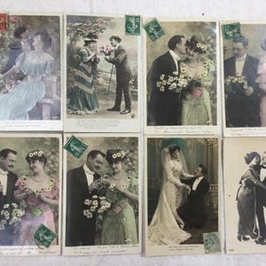 8 cartes postales romantiques, anciennes, début 20ème, colorées. Antique Romantic Photograph Postcards - French
