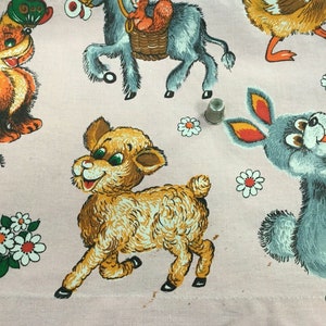 Antique children&#39;s fabric, animal print 1940 to 1950, Pyjama range. Vintage French children fabric. 40s, Fox, ducks, donkeys